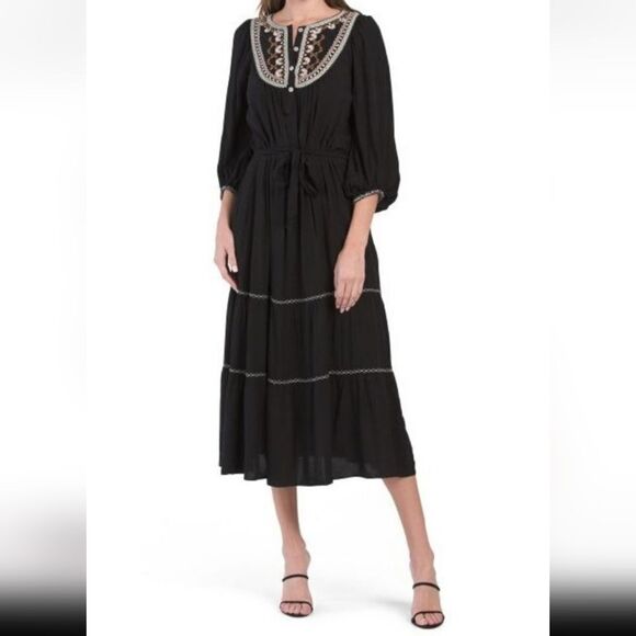 Max studio black embroidered midi belted dress sz small - Picture 1 of 14